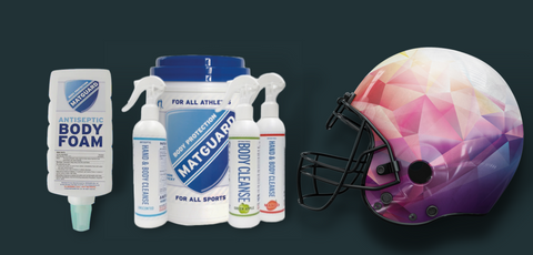 Assortment of athlete-specific skin care products including Matguard antibacterial body wipes, body foam cartridges, and hand and body cleanse.