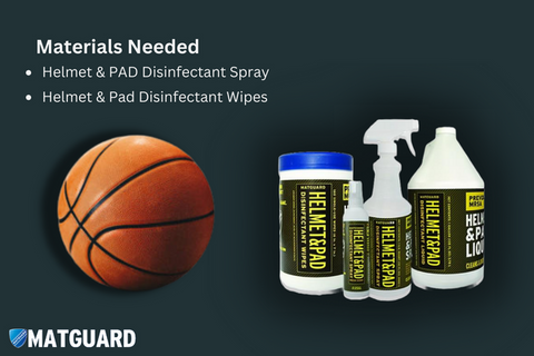 Matguard disinfectant spray and wipes alongside a basketball, ideal for cleaning without damaging grip