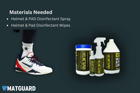 Matguard disinfectant wipes and spray set up next to basketball shoes, ready for cleaning to enhance grip.