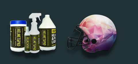 "Person cleaning a football helmet using Matguard disinfectant spray and wipes, demonstrating proper helmet hygiene practices