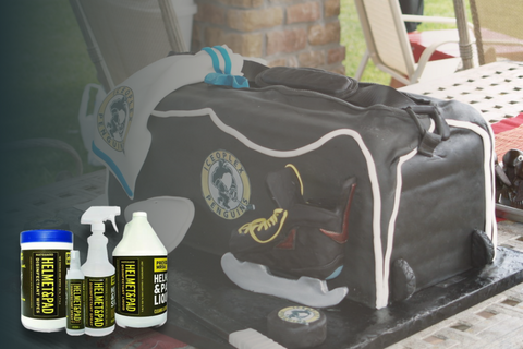 Hockey gear being cleaned with Matguard disinfectant spray to eliminate stink.