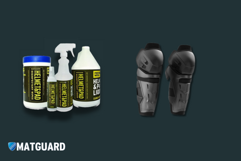 Step by step image showcasing how to wash hockey shin pads with matguard usa products.
