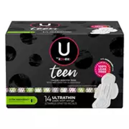 U by Kotex Teen Ultra Thin Feminine Pads with Wings, Extra Absorbency,  Unscented, 14 Count - 14 ea