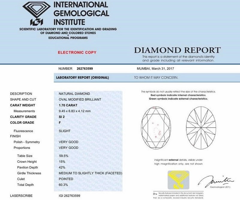 certificado IGI del diamante grande para el anillo