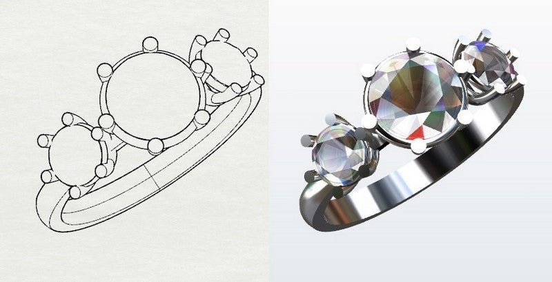 diseño del proyecto de anillo con 3 piedras de diamante
