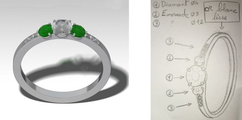 proyecto de un anillo personalizado con diamante y esmeraldas