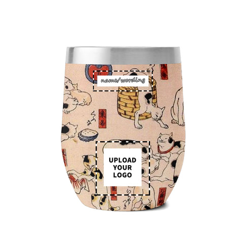 Custom Printed 12oz Stainless Steel Wine Tumbler Pr260: Ukiyo-e Kuniyoshi Utagawa's Cats Suggested as the Fifty Three Stations of the Tokaido Insulated Eggshell Cup with Lid Custom Logo Brand Name
