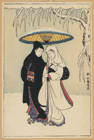 japanese ukiyo e couple under umbrella in snow by suzuki harunobu