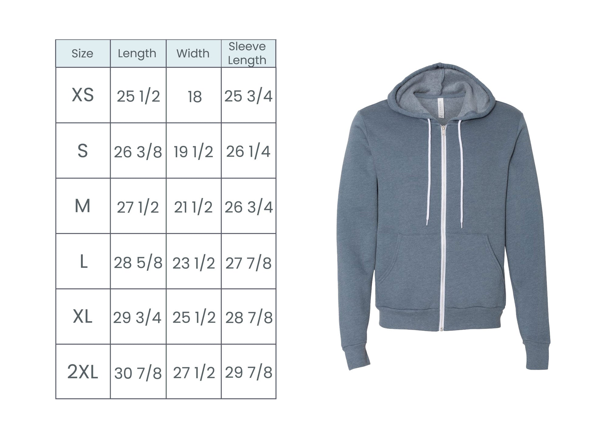 full zip jacket size guide