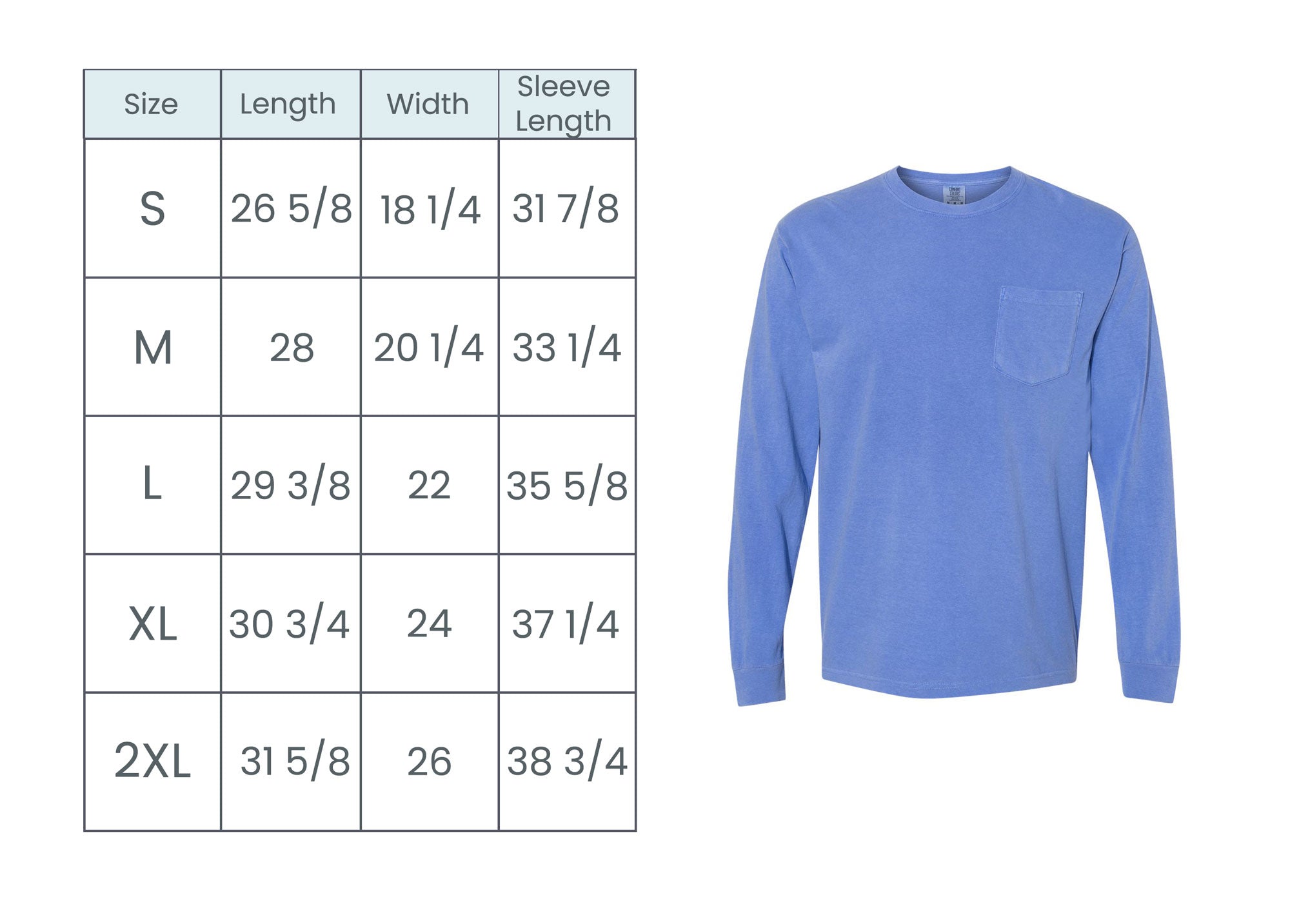 long sleeve pocket tee size guide