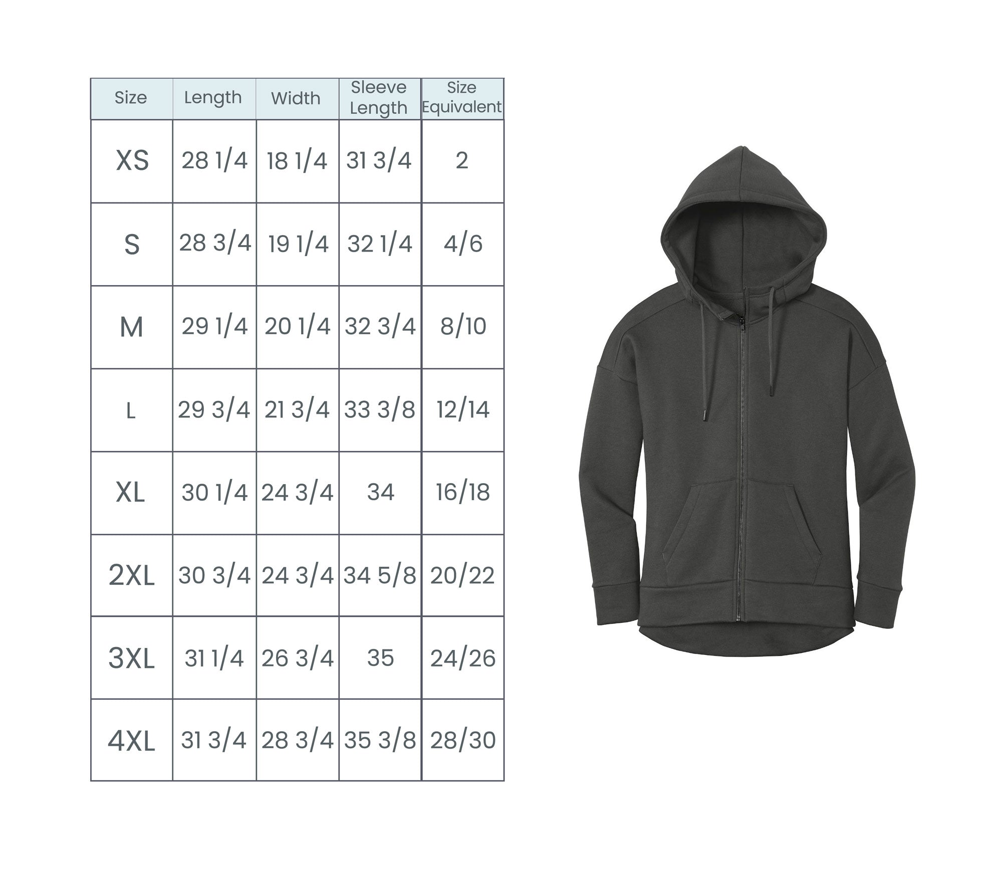 District Emily Ladies Hooded Full Zip Sweatshirt Size Guide – Arden and ...