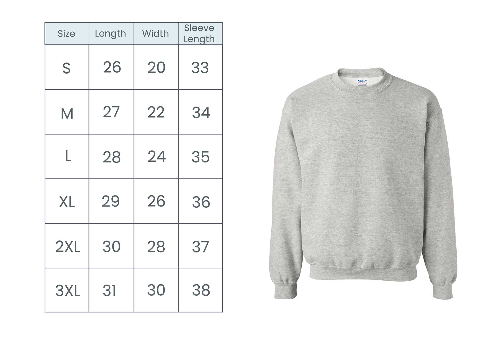crewneck sweatshirt size guide