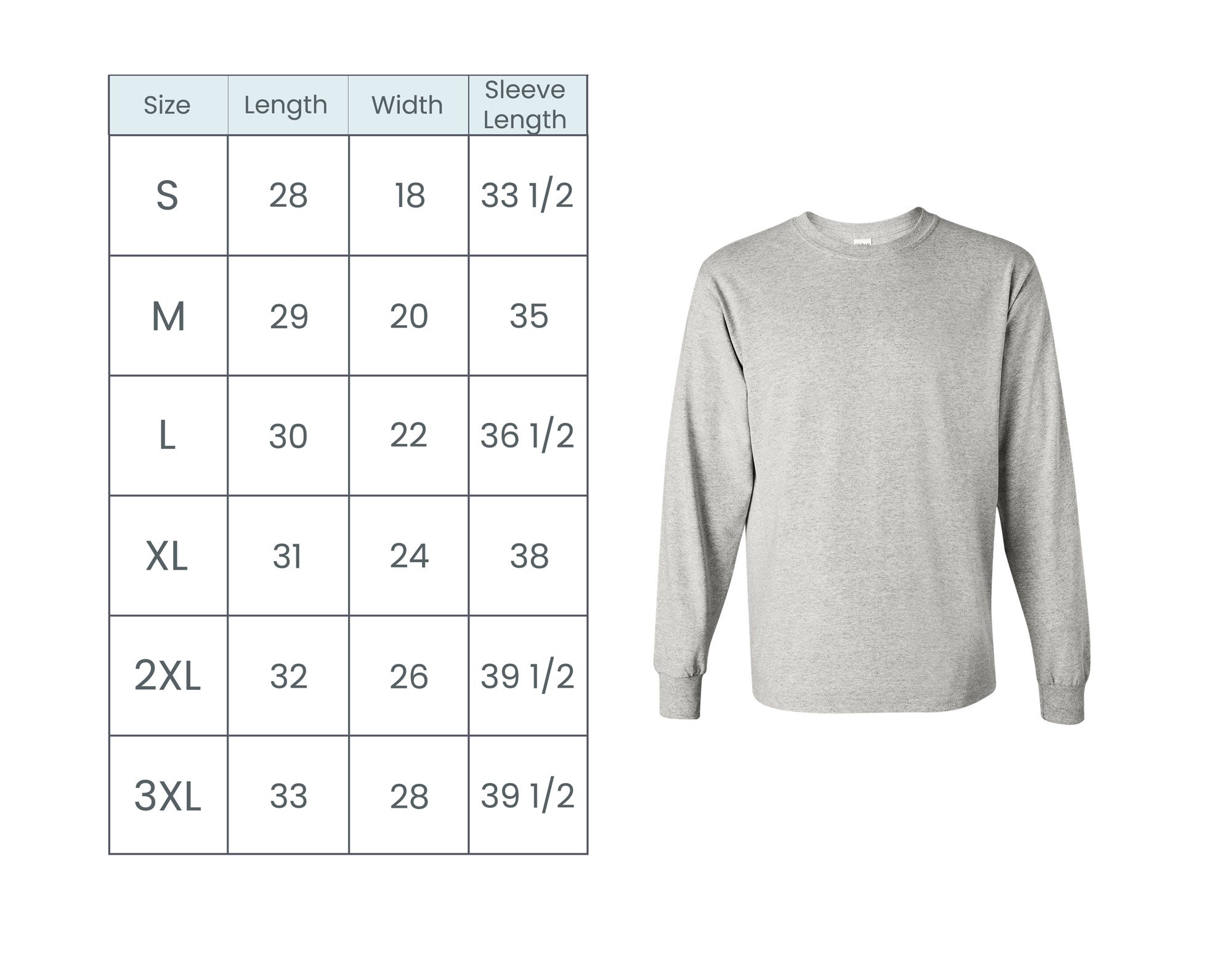 long sleeve tee size guide