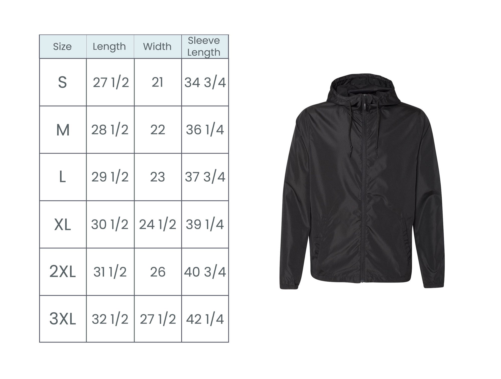 full zip windbreaker size guide