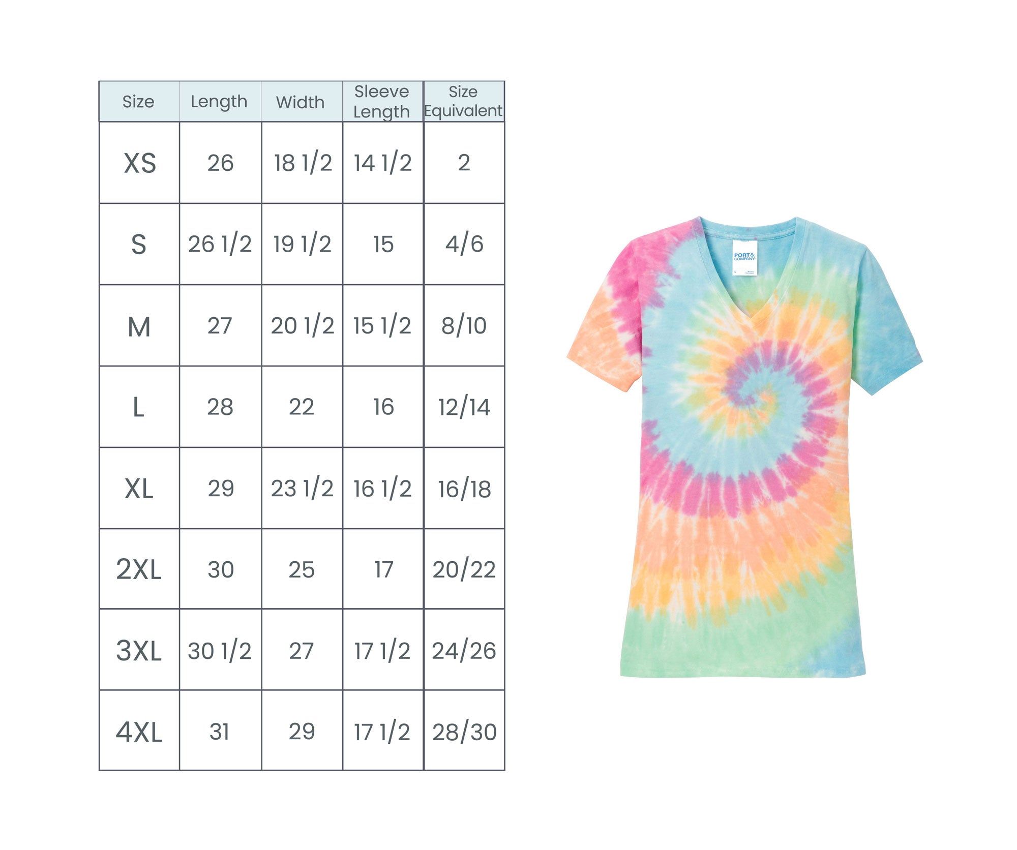 v neck tee size guide