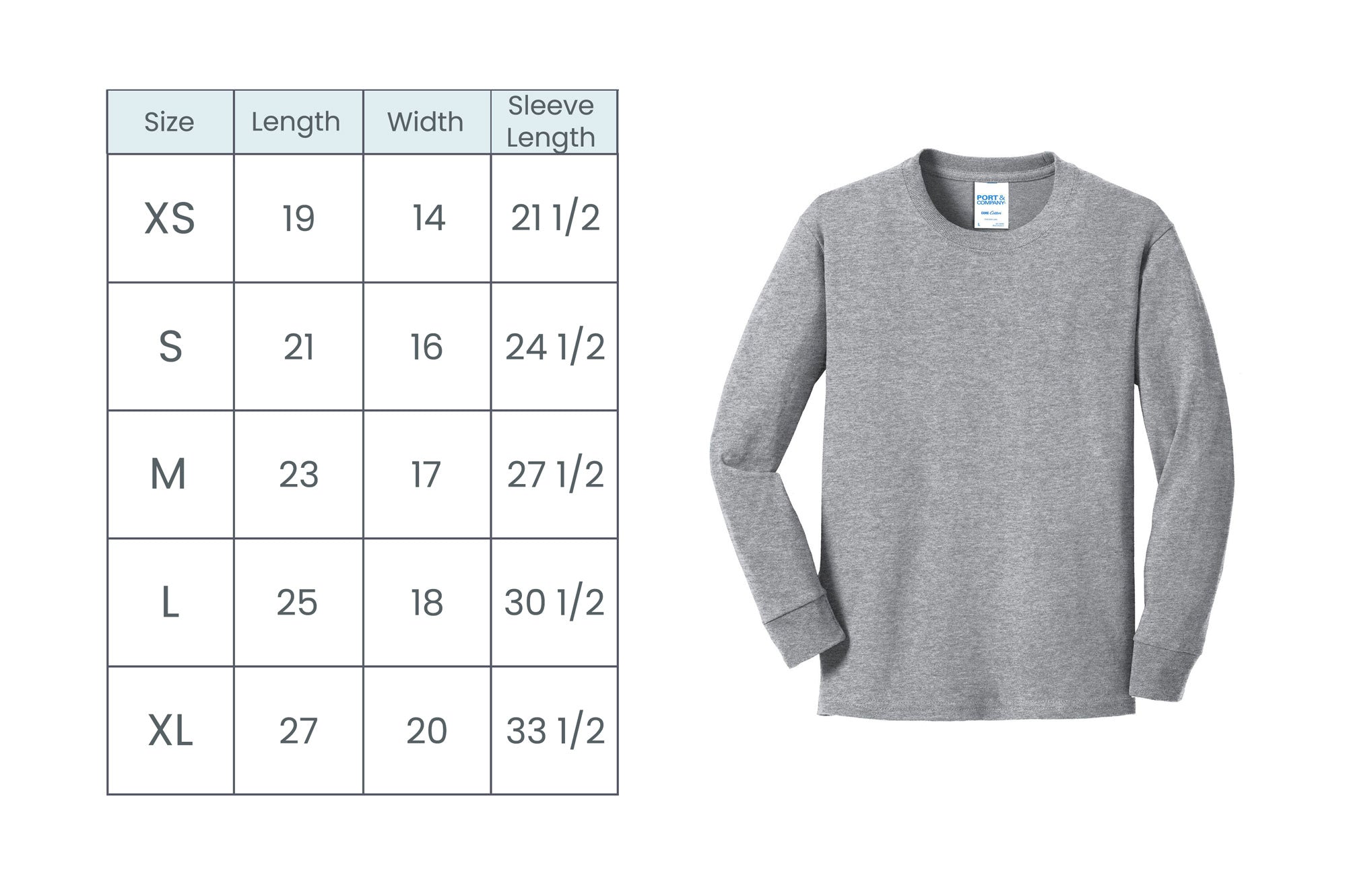 youth long sleeve tee size guide