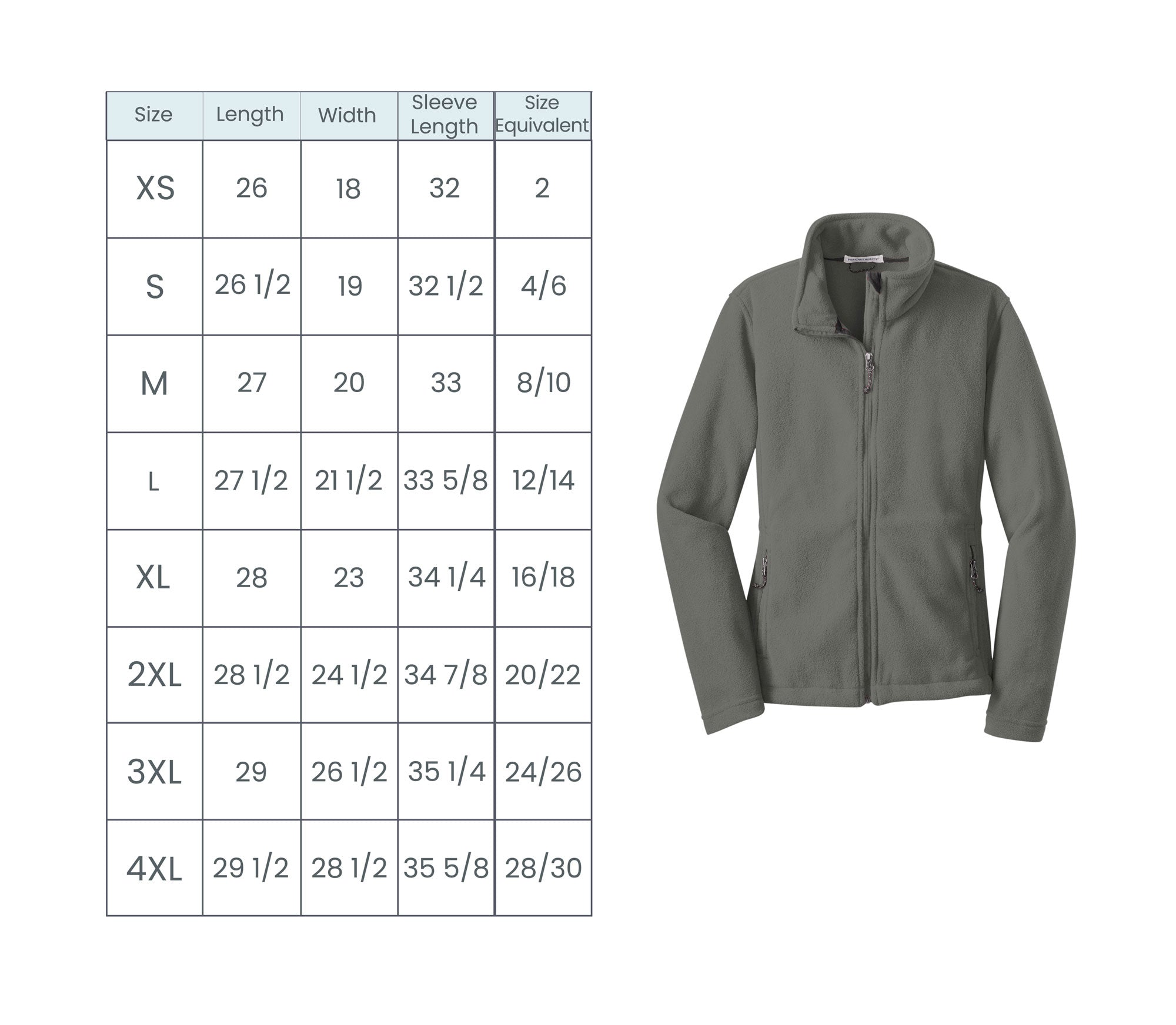 ladies midweight fleece size guide