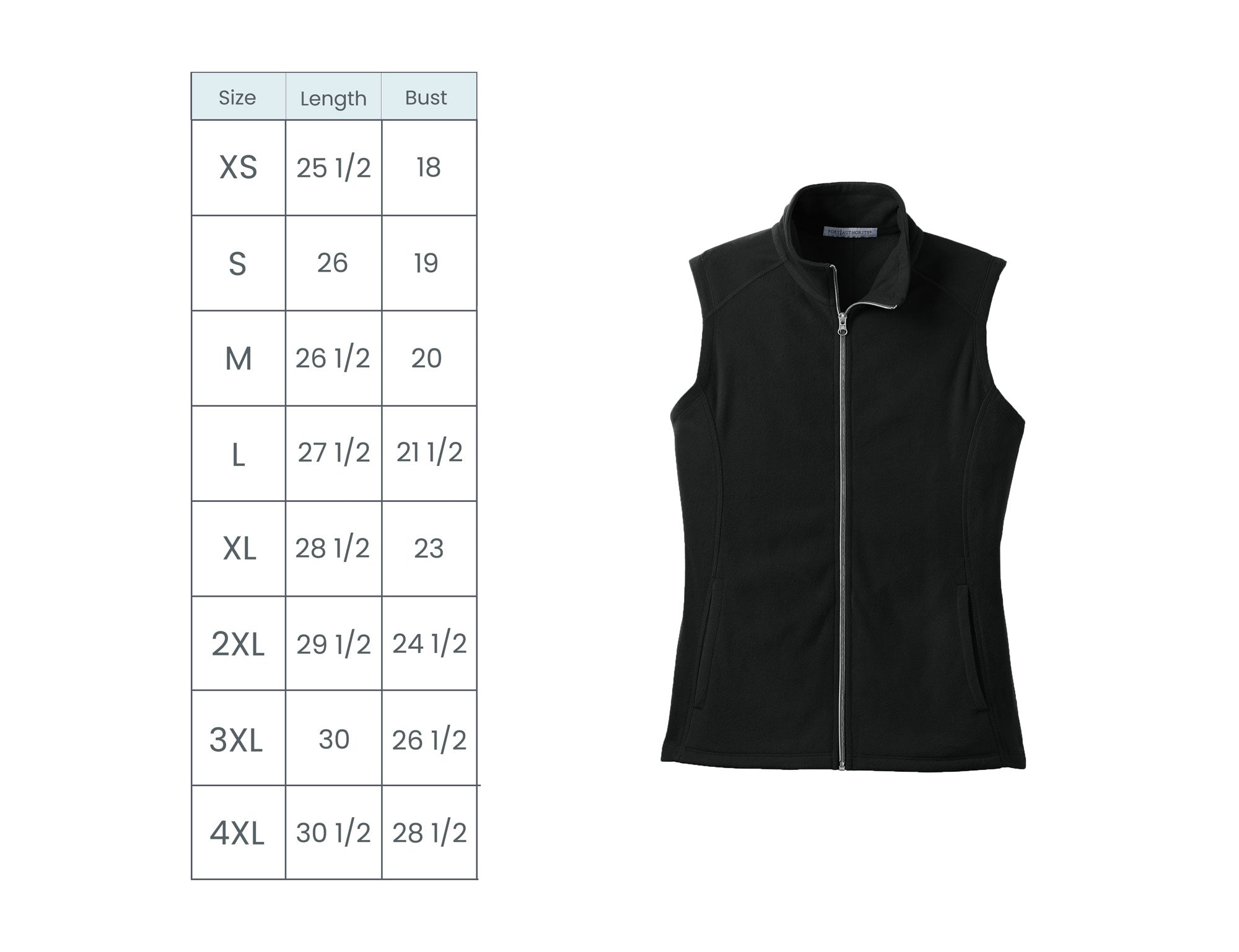 ladies lightweight vest size guide