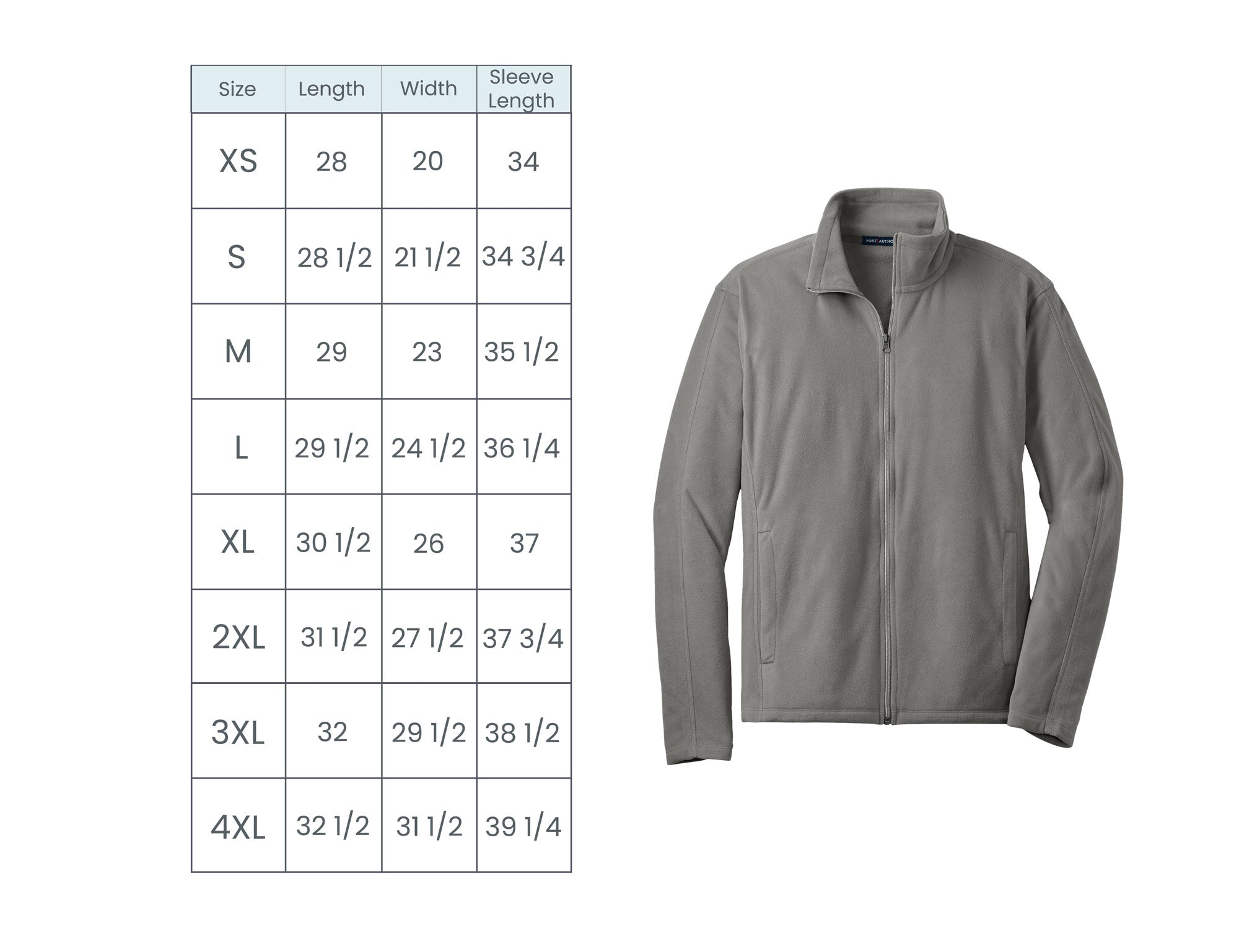 mens lightweight full zip fleece size guide