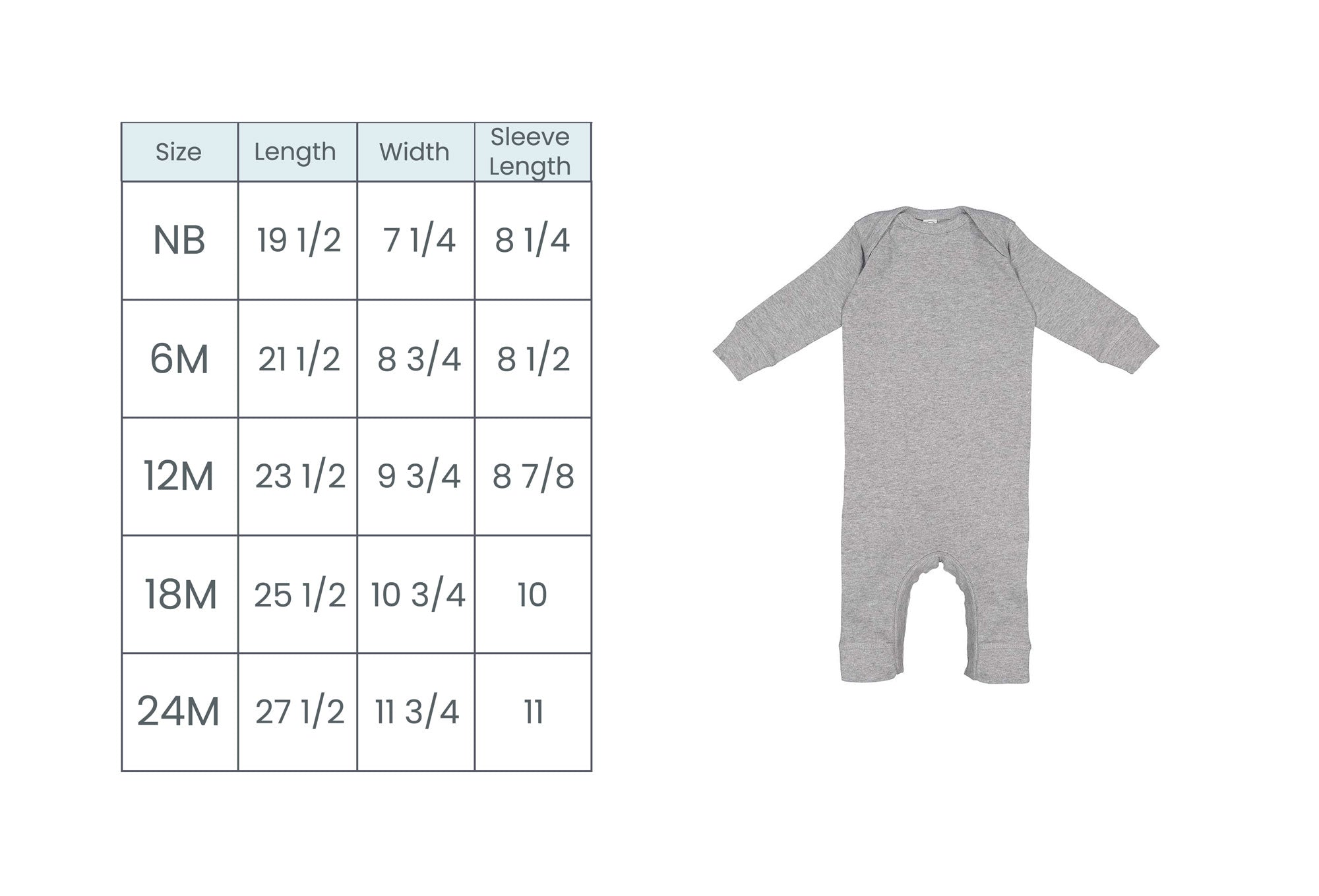 infant long sleeve body suit size guide