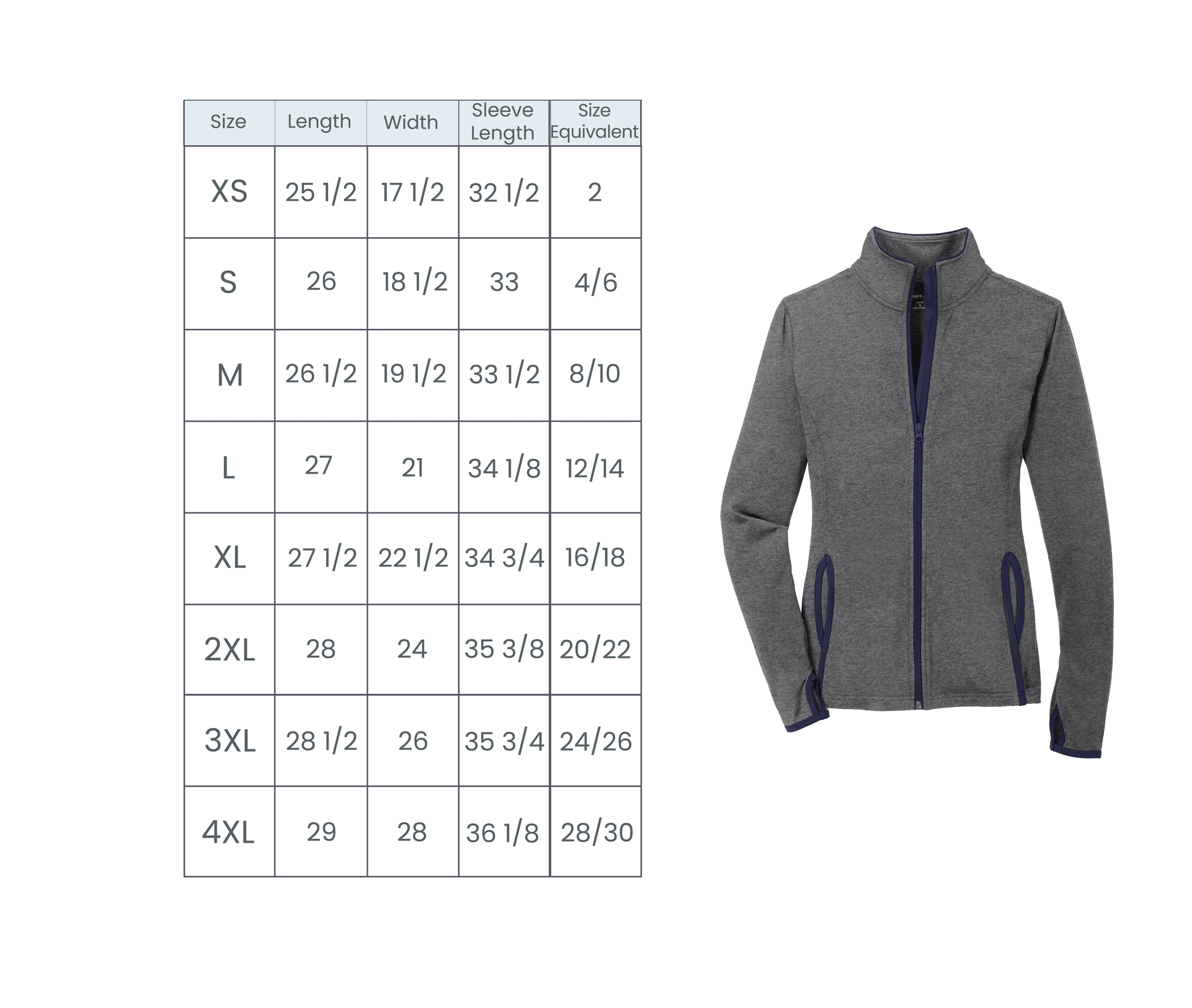 ladies athletic full zip size guide