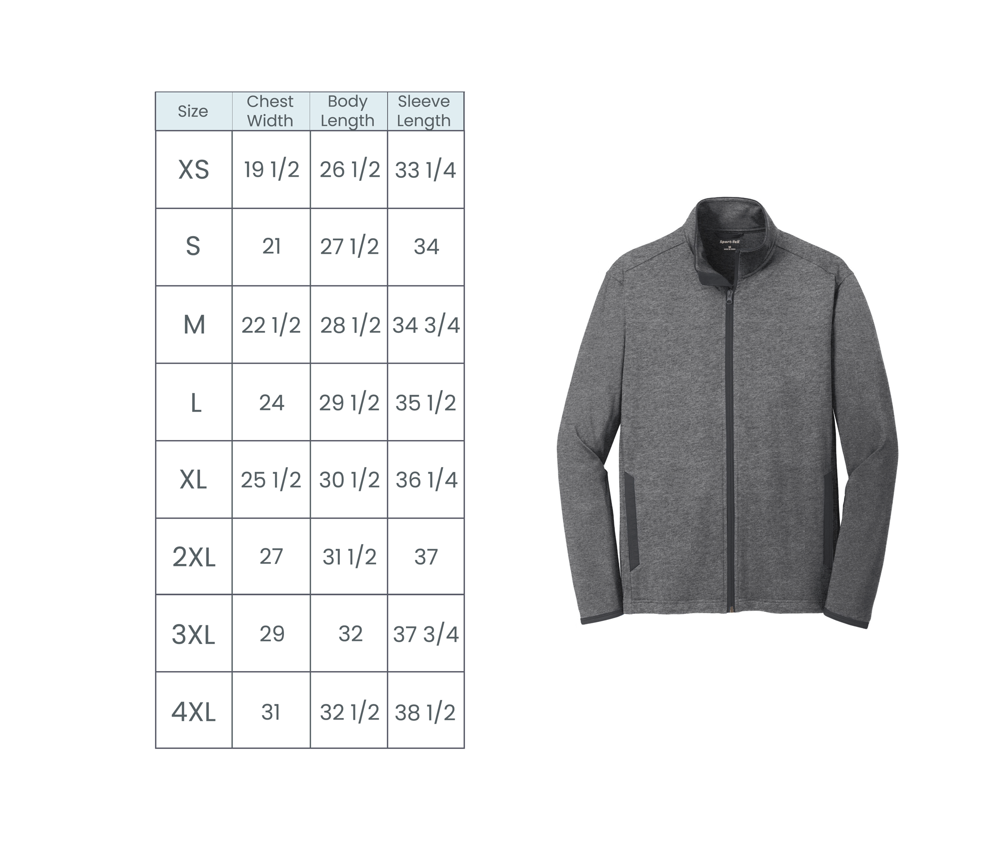 mens athletic full zip size guide