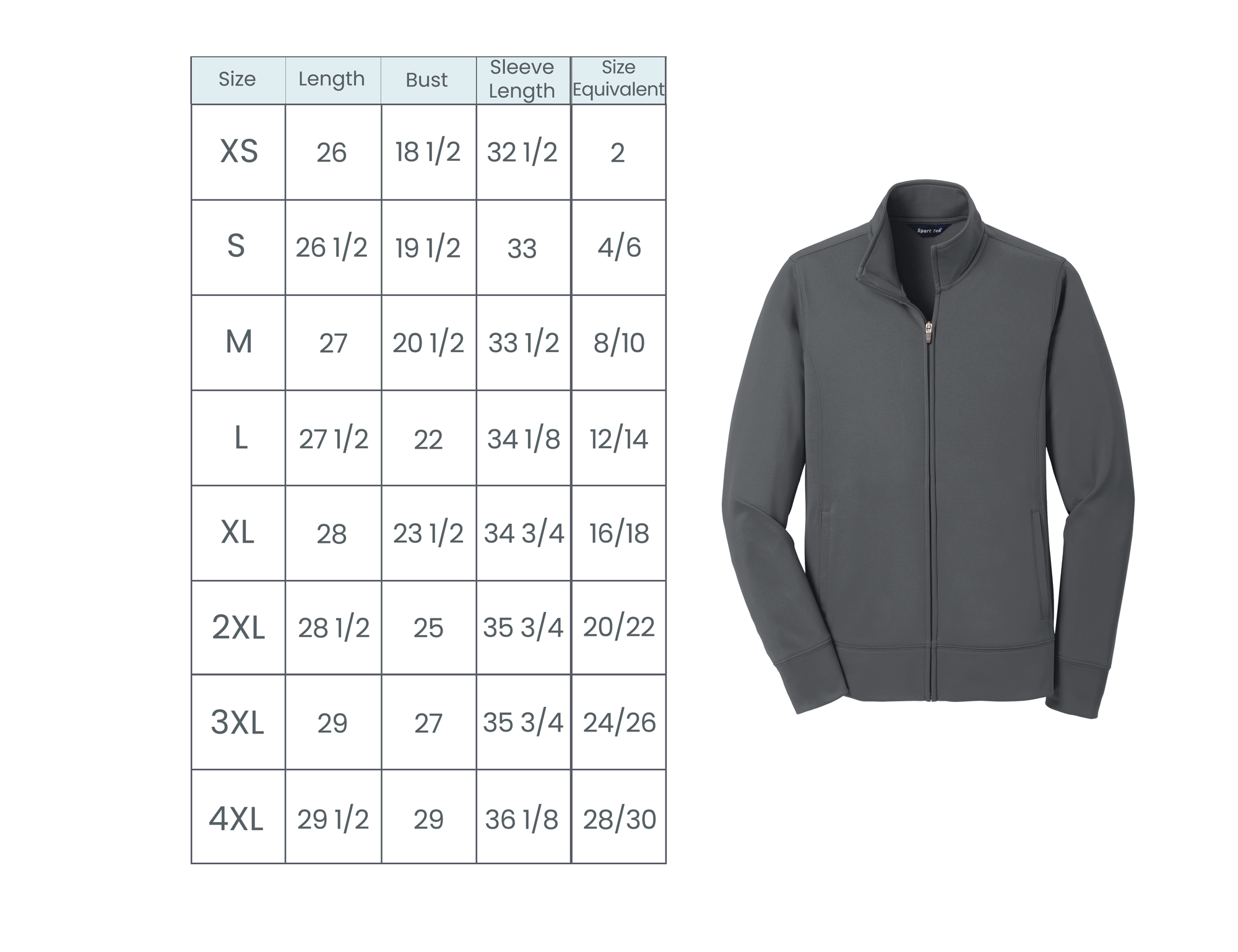 ladies poly full zip size guide