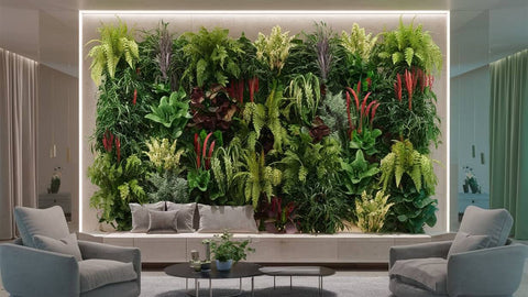 Mur végétal dans un salon moderne d'un maison. Deux fauteuil gris est en face du mur végétale avec plusieurs type de végétaux.