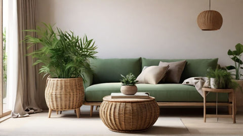 Végétaux dans un support en osier dans un salon moderne avec un canapé classe vert.
