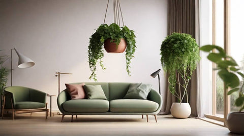 Pot de fleur suspendu dans un salon moderne et lumineux. Salon avec un canapé vert et plusieurs autres plantes.
