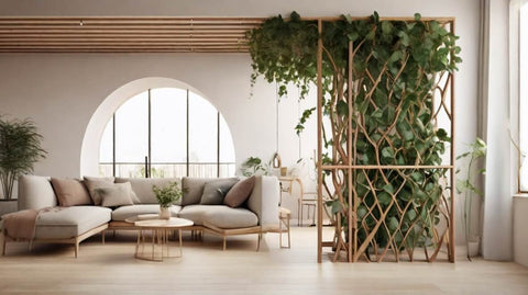 Salon moderne et lumineux avec un grillage en bois pour des plantes grimpantes. Le salon est ouvert et possède un canapé beige.