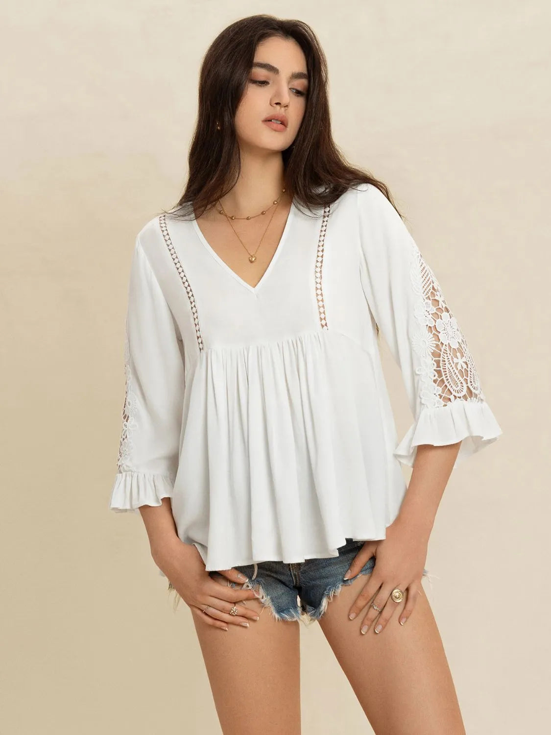 V-Neck Lace Flounce Sleeve Top