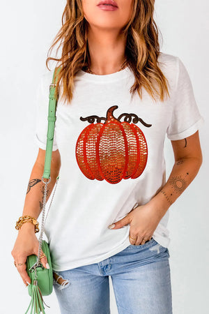 Full Size Sequin Pumpkin Round Neck Short Sleeve T-Shirt - Avonjee