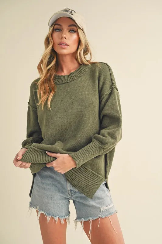 Aemi+Co Ribbed Hem Side Slit Round Neck Sweater