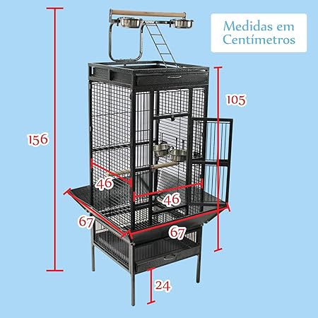 Gaiola de Papagaio A10 c/ rodas e poleiro ext. para papagaios (67x67x156cm)