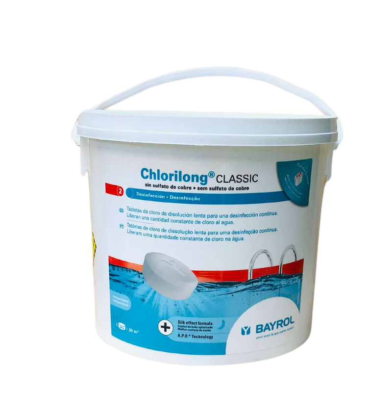 CHLORILONG + CLASSIC 250GR BAYROL 5 KG - PASTILHAS DE DISSOLUÇÃO LENTA PARA PISCINAS