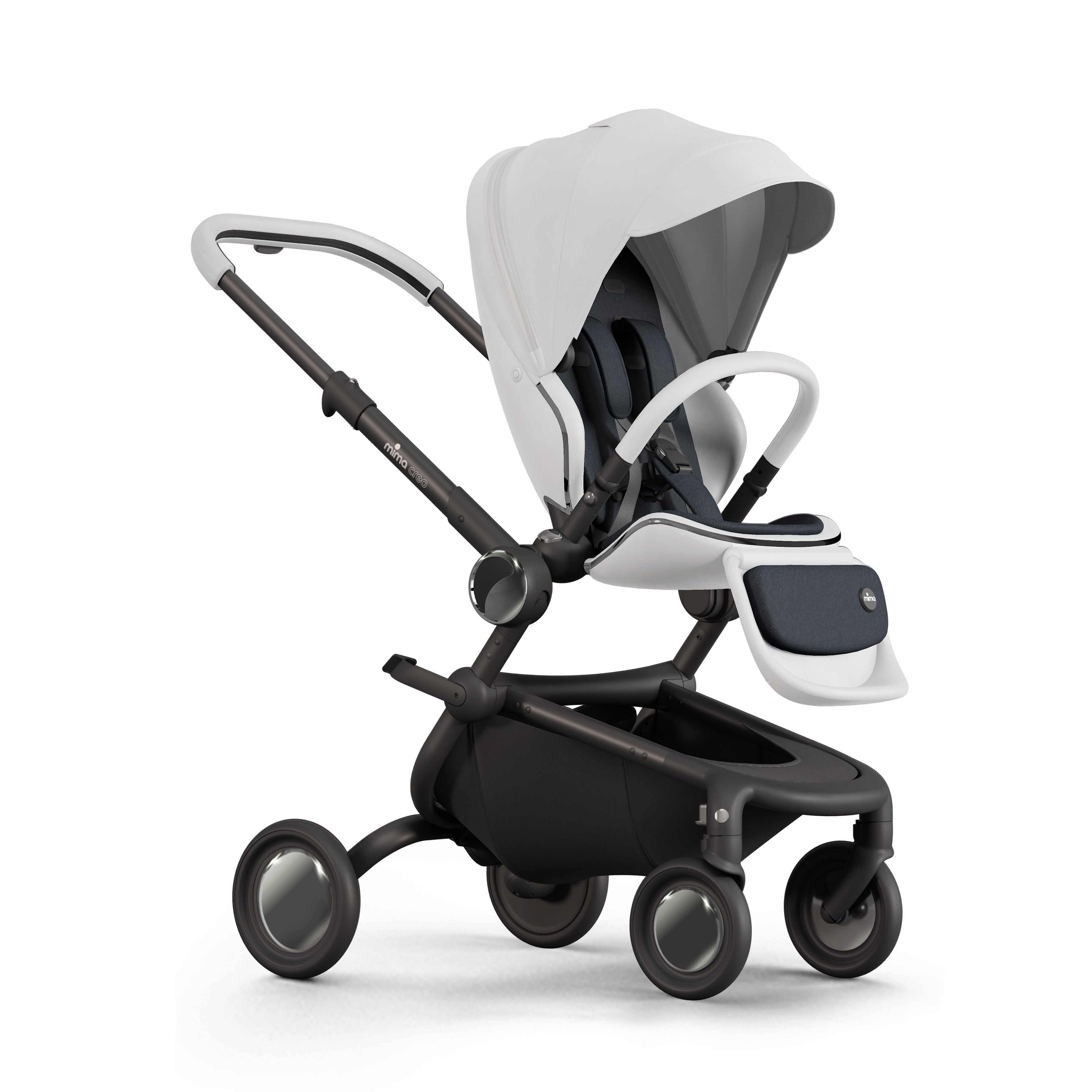 mima creo stroller in white with canopy and safety bar, left front-angle view