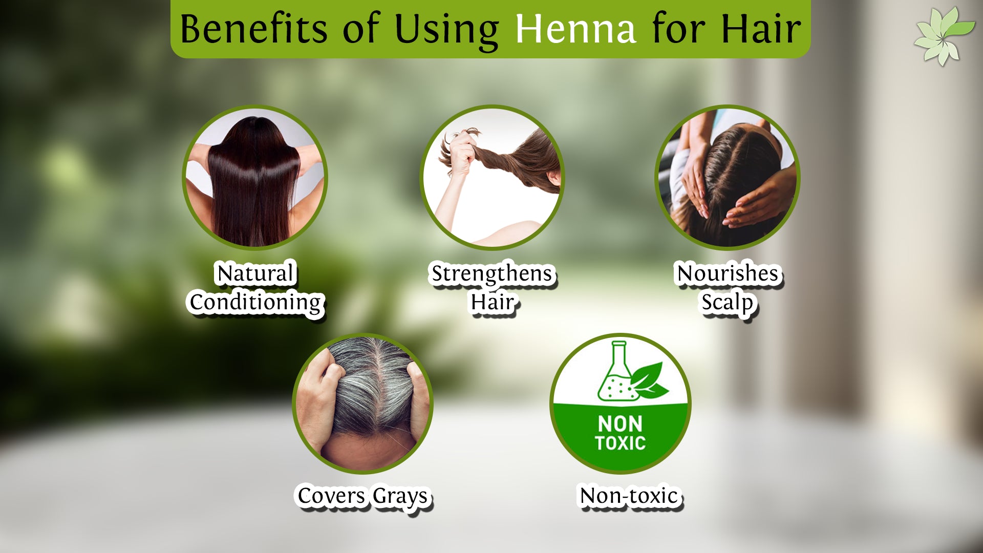 Informational graphic showing benefits of using henna for hair