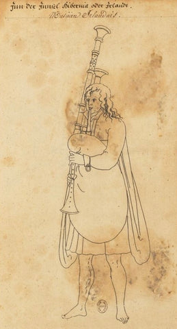 21. Drawing of Gaelic Irish Bagpiper from the 1500's. Stored at the National Library, Paris, France.