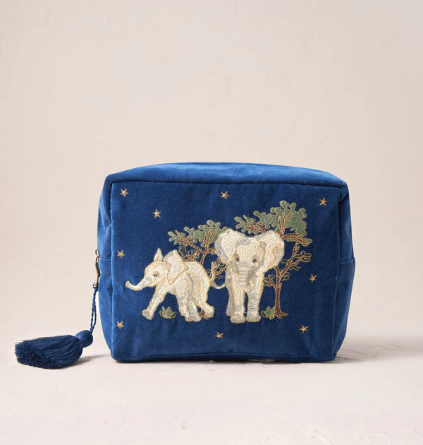 Elizabeth Scarlett Baby Elephant Conservation Navy Velvet Wash Bag