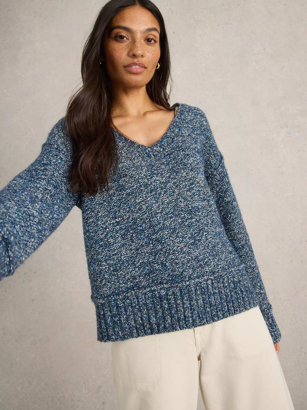 White Stuff Tammy Textured V Neck Jumper in Dark Navy