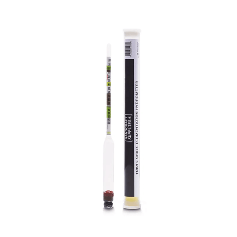 long glass hydrometer with small test tube for measuring specific gravity of alcohol brews