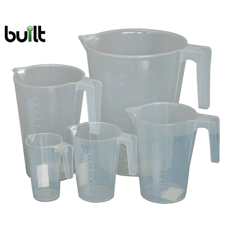 five piece clear plastic measuring jug set with raised measuring lines on outside
