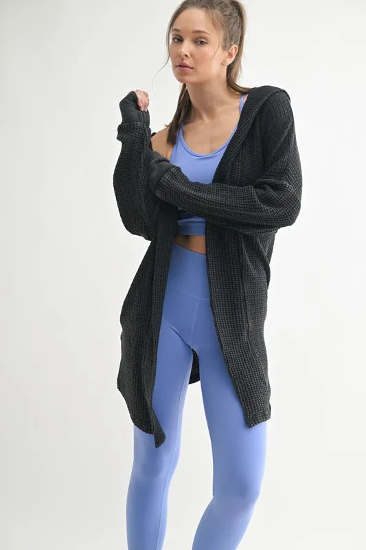 MONO B Chunky Waffle Mineral Wash Hooded Open Cardigan