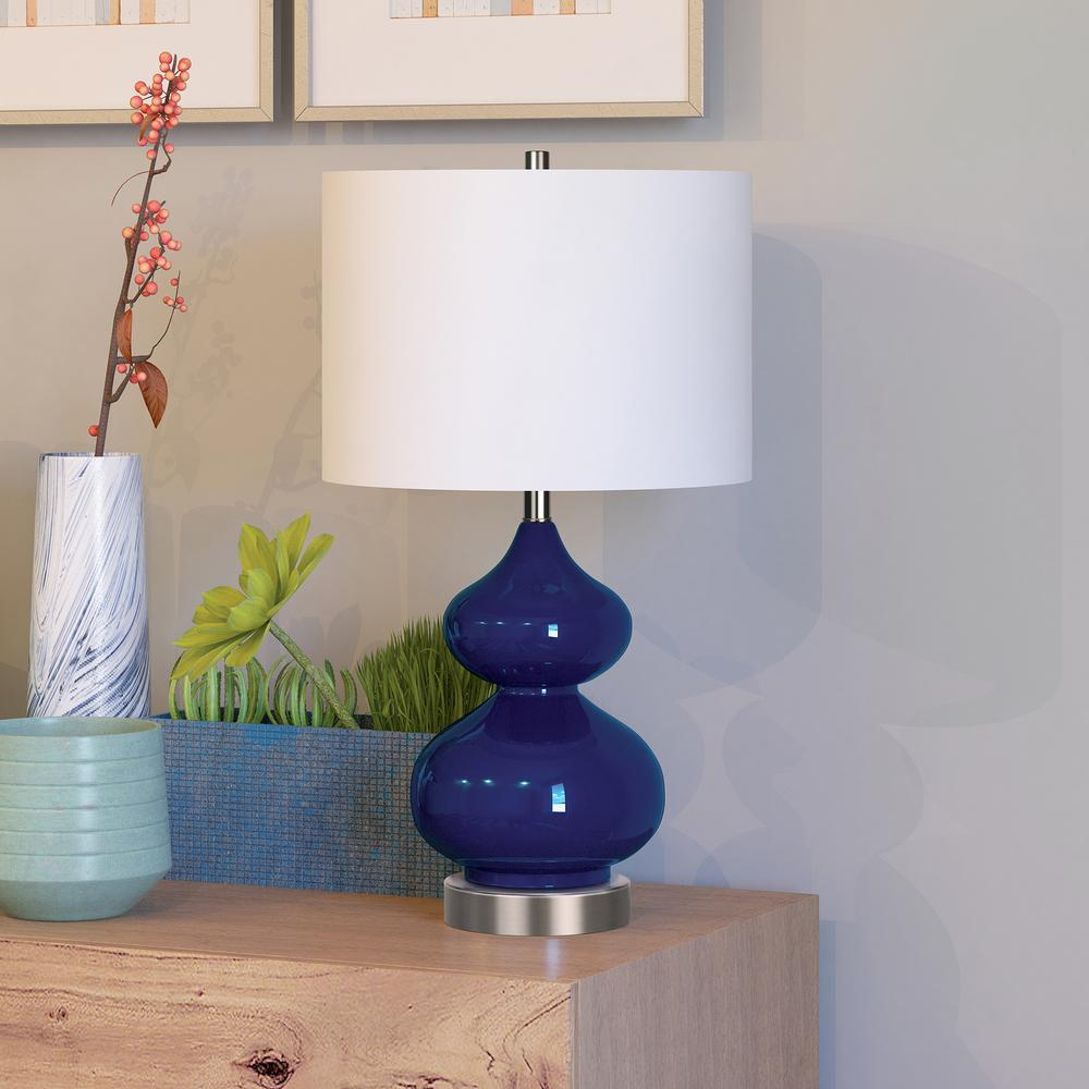 Elegant Navy Blue Double Gourd Table Lamp with Linen Shade