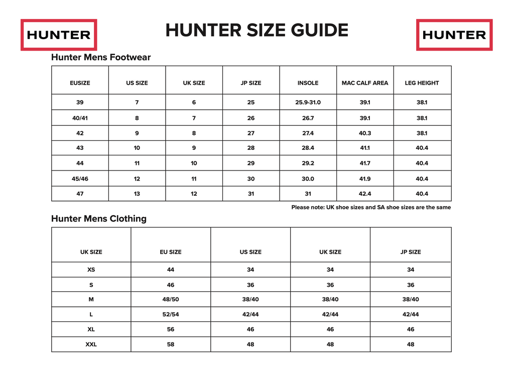 Size Guide - Mens