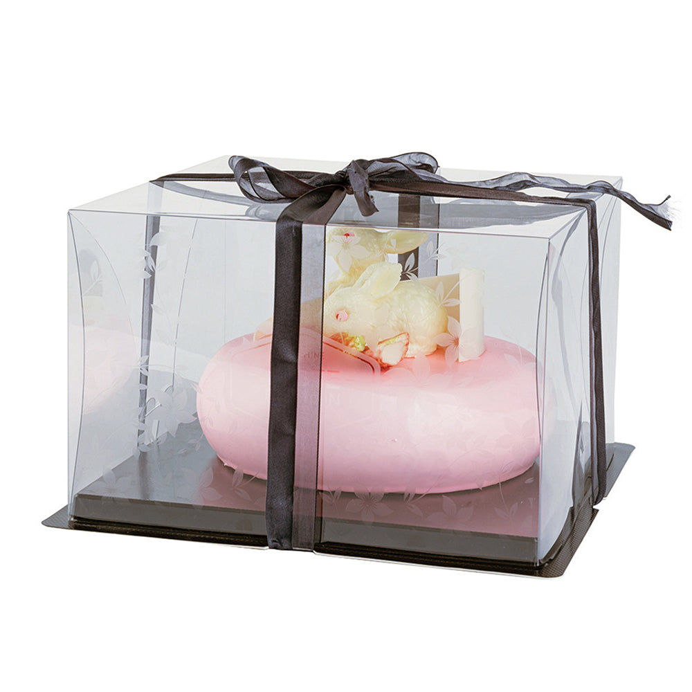 Sweet Vision Square Clear Plastic Cake Box - Black Base, Black Ribbon -  10'' x 10'' x 6 3/4'' - 10 count box