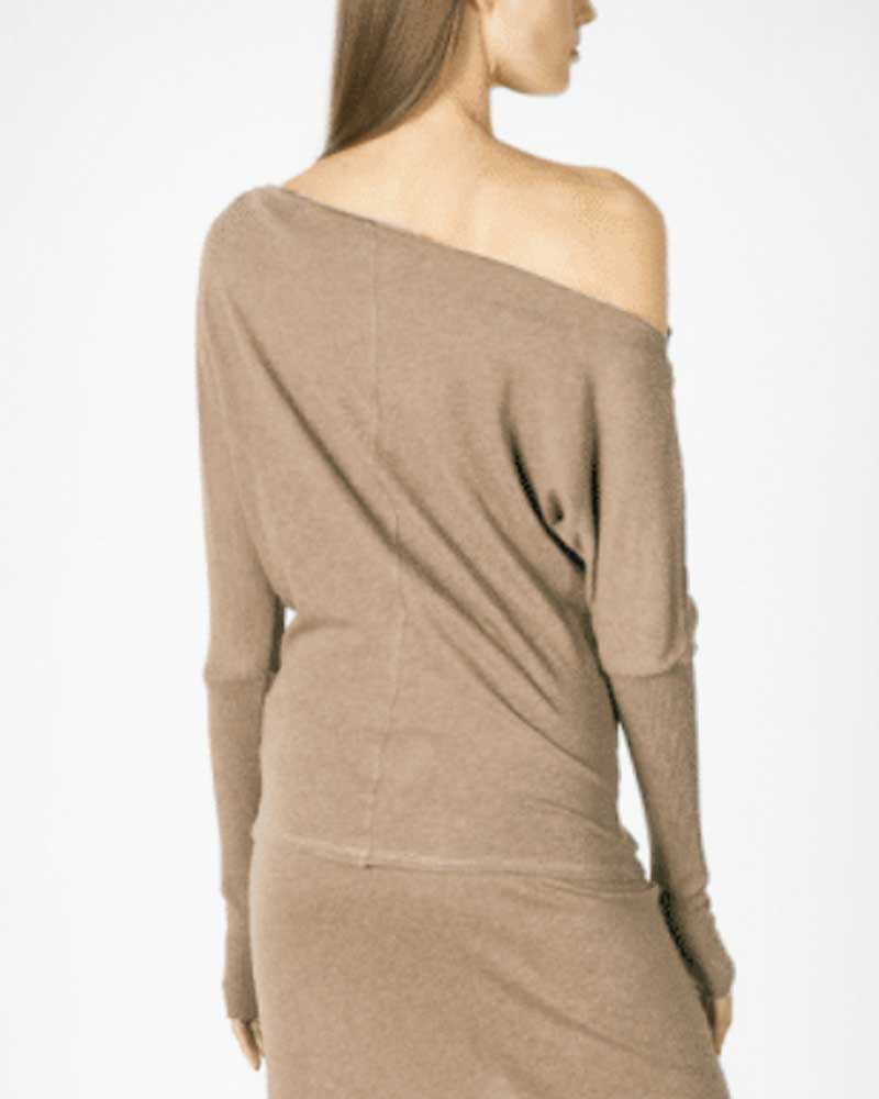 Cashmere Cuffed Off-Shoulder Long Sleeve Top in Khaki
