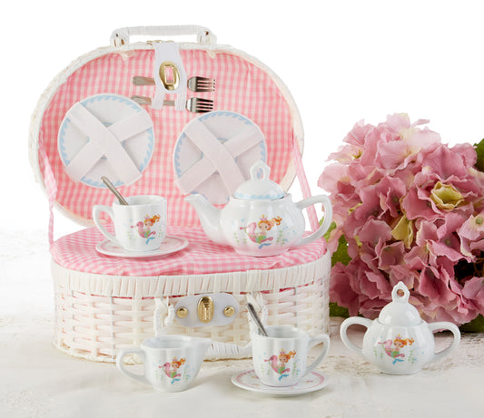 Delton Tin 18-Peice Tea Set in White Basket, Unicorn – Mrs