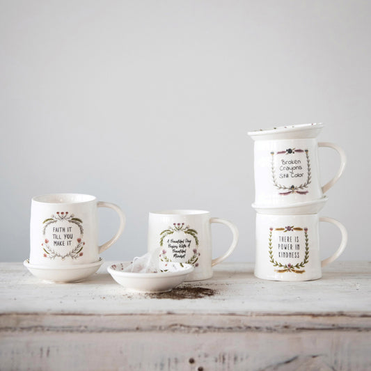 Hand Stamped Stoneware Mug with Tea Bag Holder